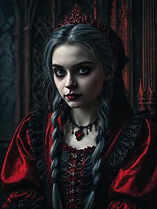 Gothic Woman in Red and Black Costume with Crown and Pendant Necklace