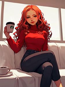 Woman with Red Hair on Couch with Coffee