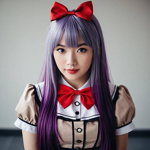Woman in Purple Hair Cosplay Outfit with Red Bow Tie