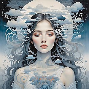 Surreal Woman in Clouds with Glowing Moon