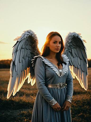 Photorealistic Portrait of Woman in Grey Angel Wings Costume at Sunset