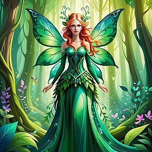 Enchanted Woman with Red Hair in Forest
