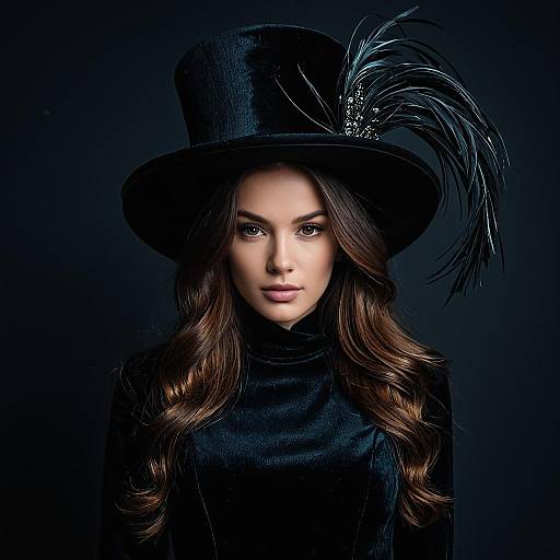 Elegant Woman in Black Velvet Outfit and Feathered Top Hat Portrait