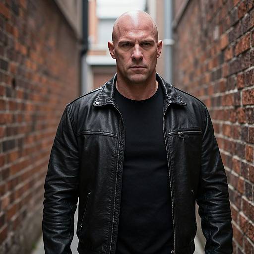 Confident Bald Man in Black Leather Jacket Standing in Urban Alleyway