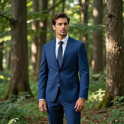 Man in Blue Suit Standing in Forest Nature Setting