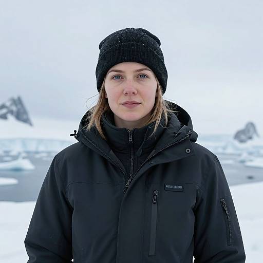 Woman in Black Winter Jacket and Beanie in Snowy Icy Landscape