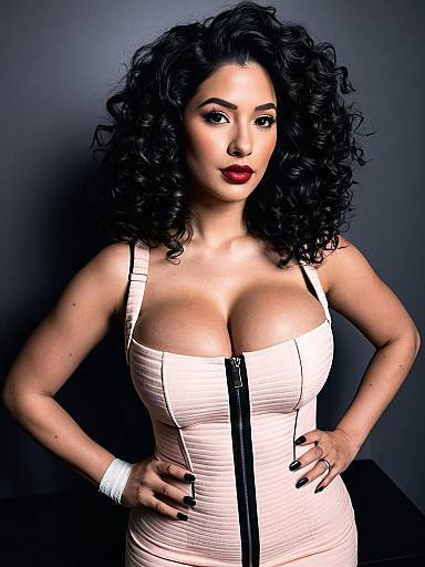 Confident Woman with Curly Hair in Pink Zipper Dress