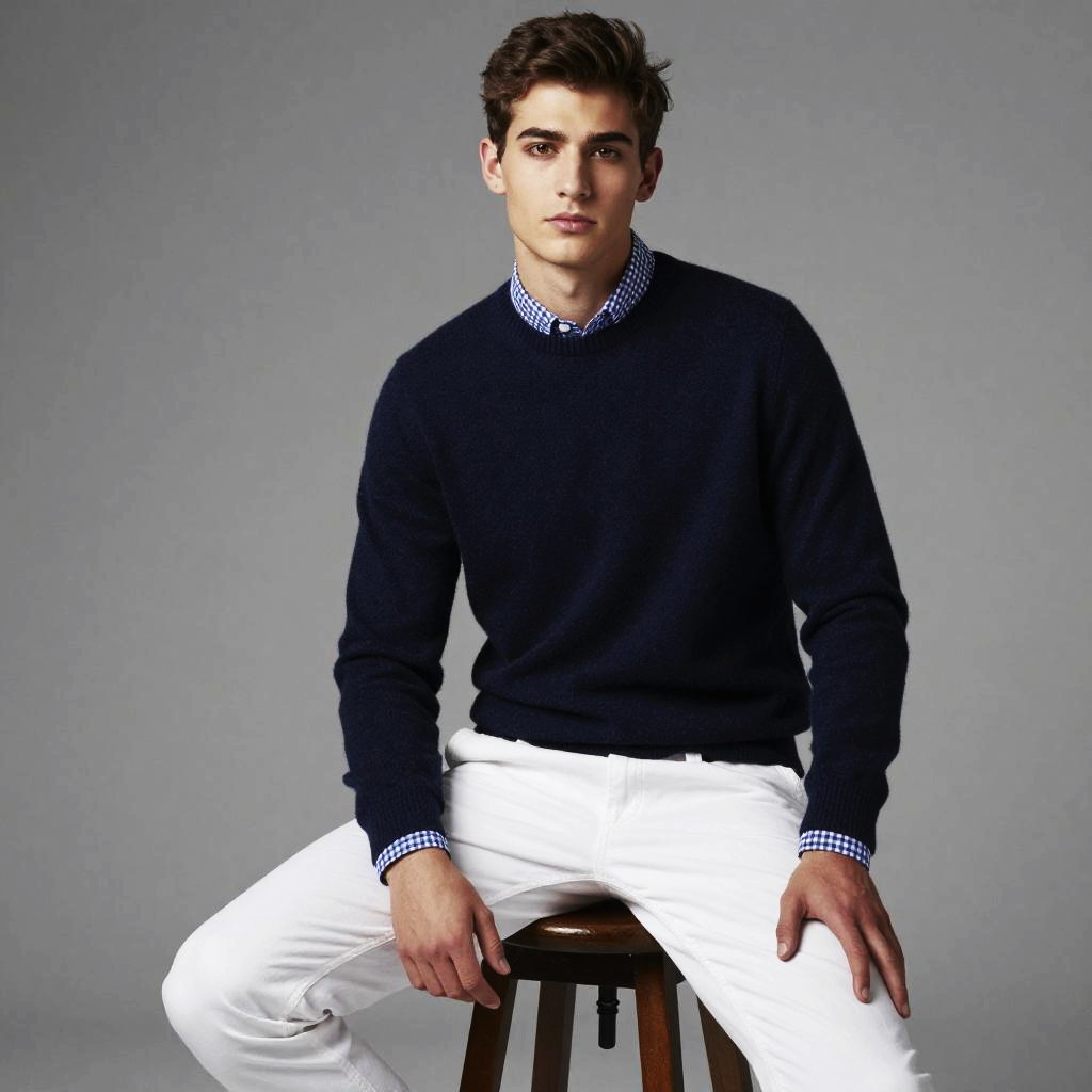 Gen Z Young Man Wearing Navy Sweater and White Pants Fashion Portrait