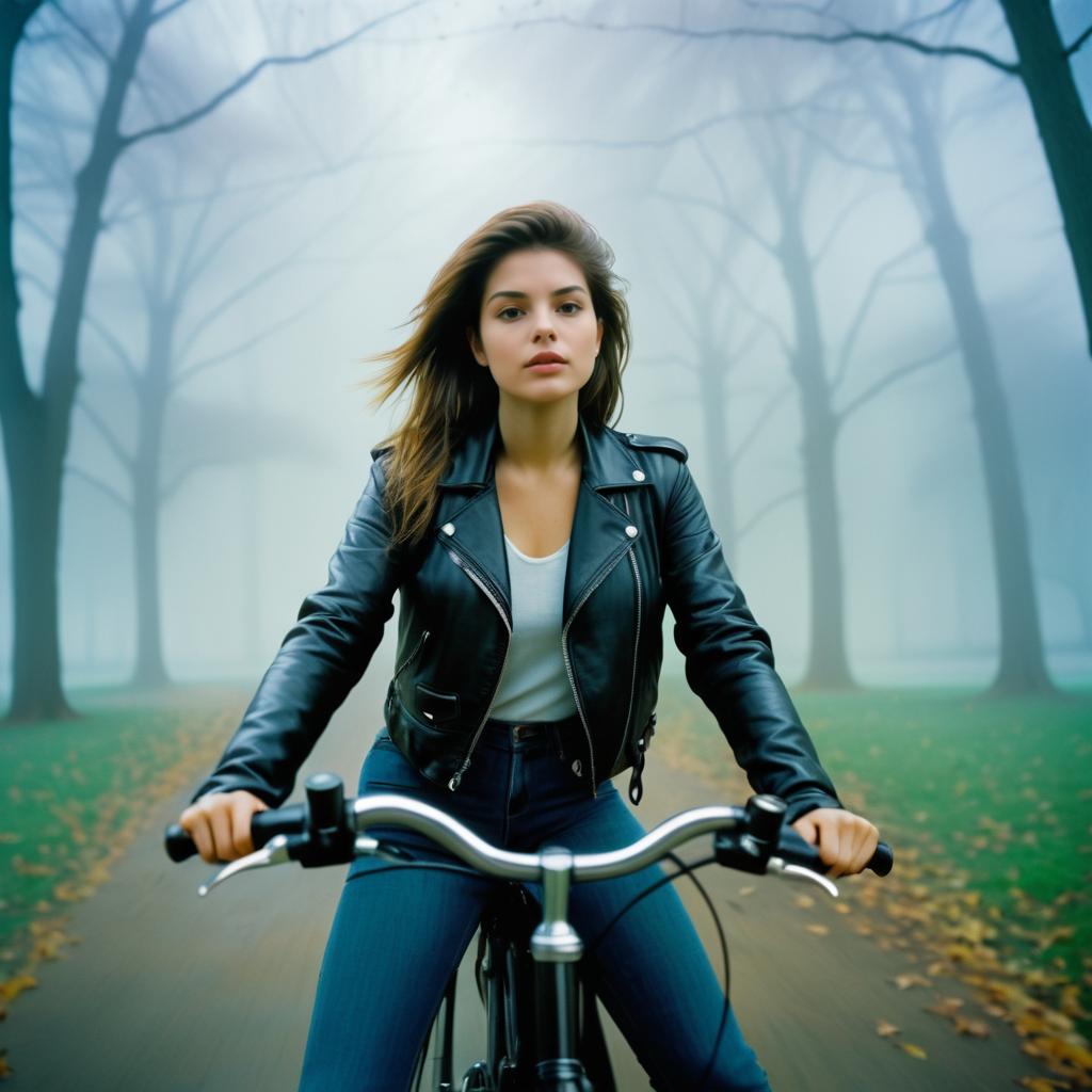 Woman Riding Bike in Misty Park