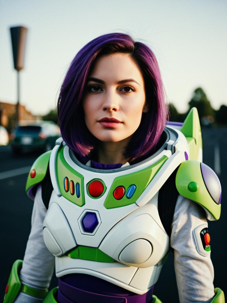 Photorealistic Woman in Buzz Lightyear Costume Editorial Portrait