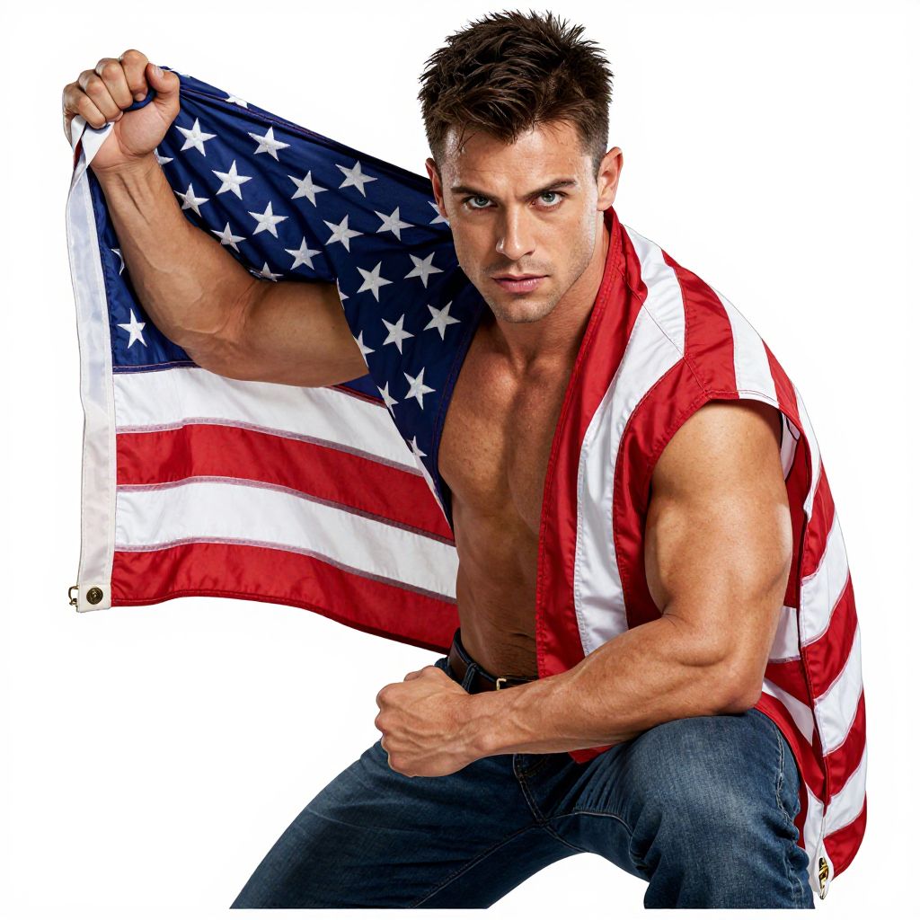 Strong Muscular Man Posing with American Flag in Patriotic Display