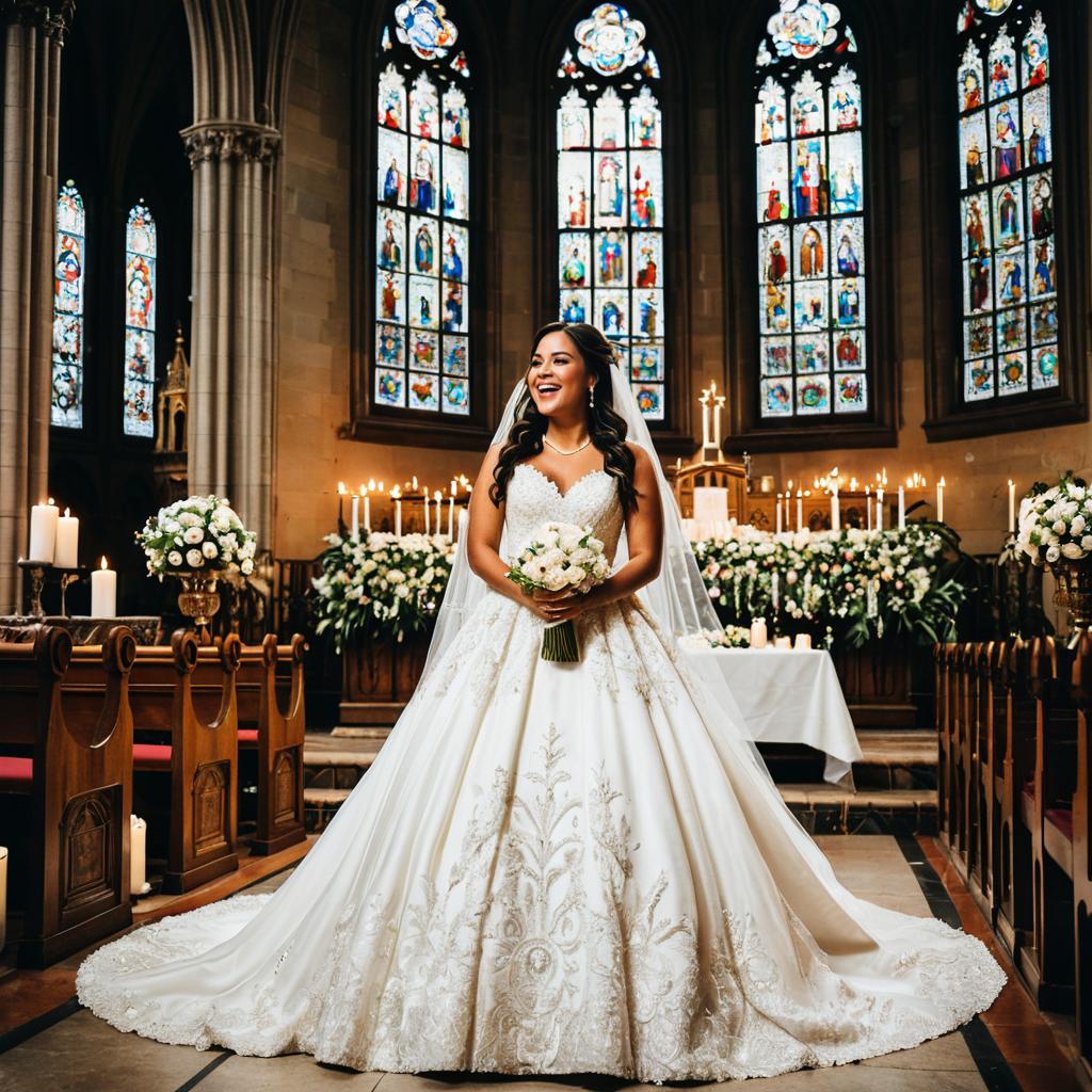 Elegant Bride in Lace Wedding Dress at Church with Stained Glass and Candles