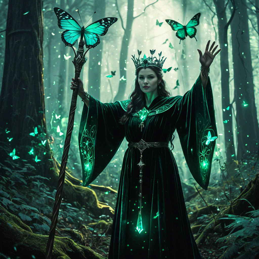 Woman in Dark Green Velvet Robe in Enchanted Forest with Butterflies