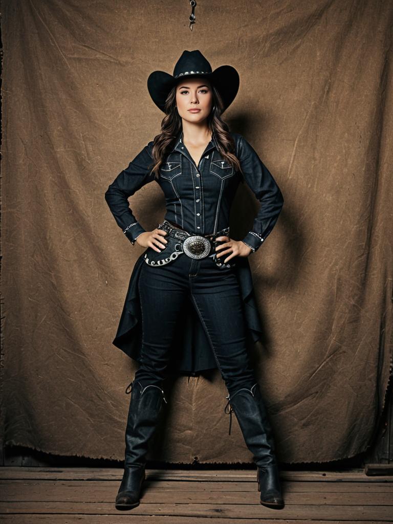 Woman in Black Cowgirl Costume Photorealistic Studio Portrait Rustic