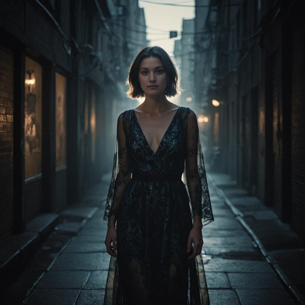 Confident Woman in Elegant Black Dress in Urban Alley