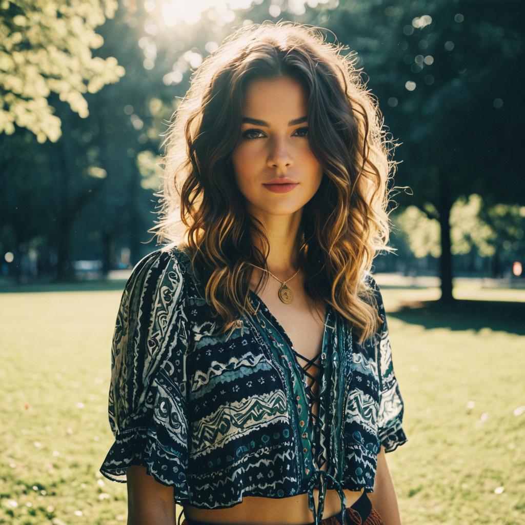 Young Woman in Bohemian Top Standing in Sunlit Park
