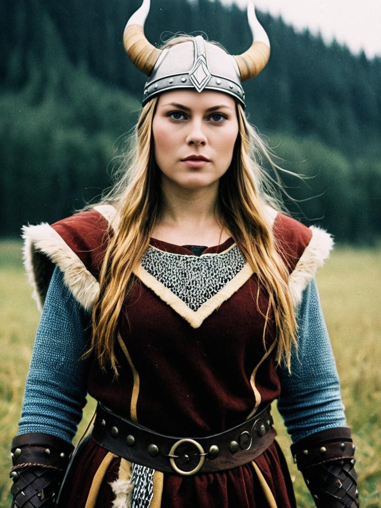 Woman in Viking Costume with Horned Helmet Outdoors