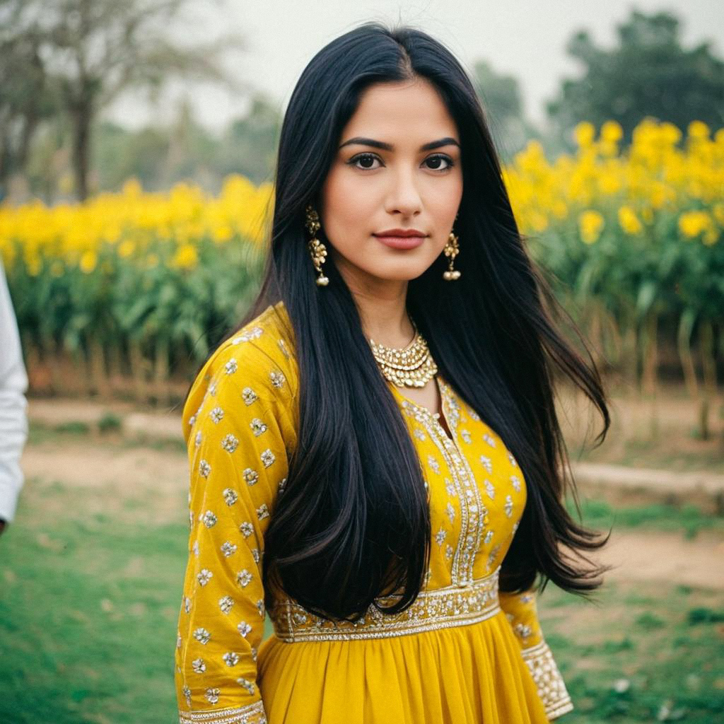 Woman in Yellow Punjabi Suit Amidst Flowers