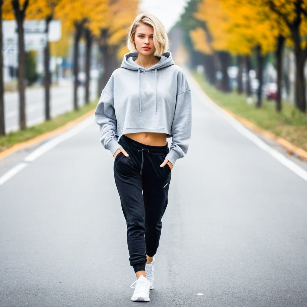 Young Woman in Autumn on Empty Road