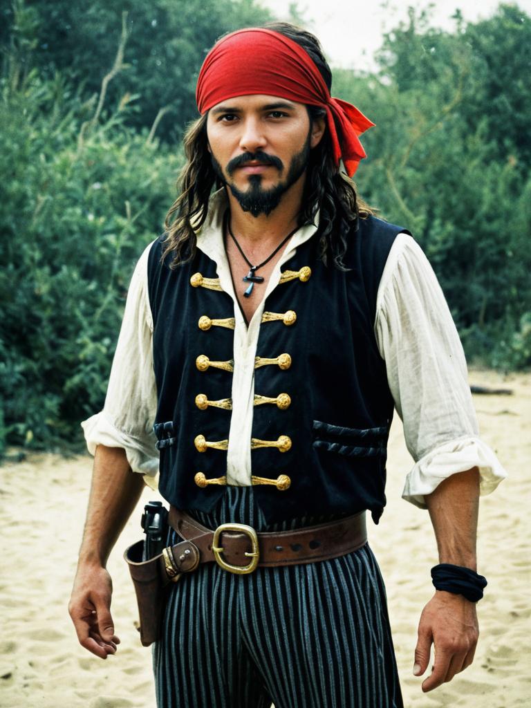 Man in Sleeveless Pirate Costume with Red Bandana and Striped Pants