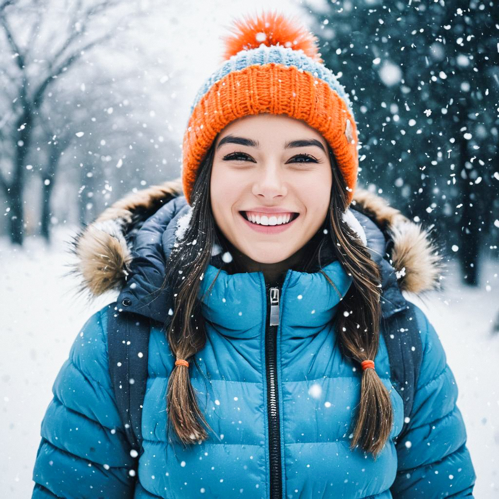 Smiling woman in orange hat enjoying snowfall