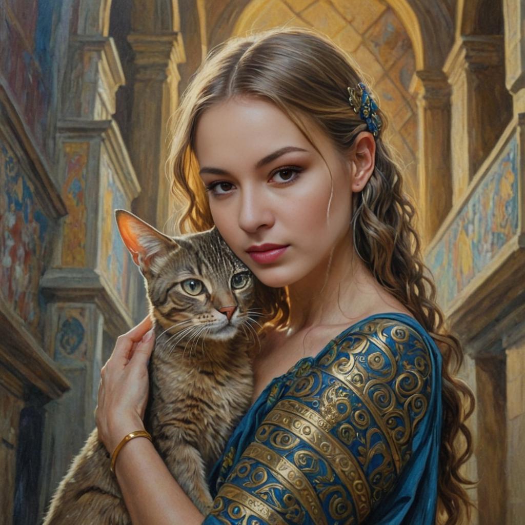 Woman Holding Cat in Serene Artistic Setting