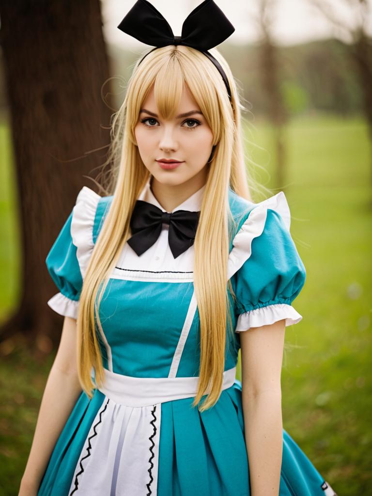 Mononobe Alice Cosplay in Blue Maid Outfit with Black Bow Headband