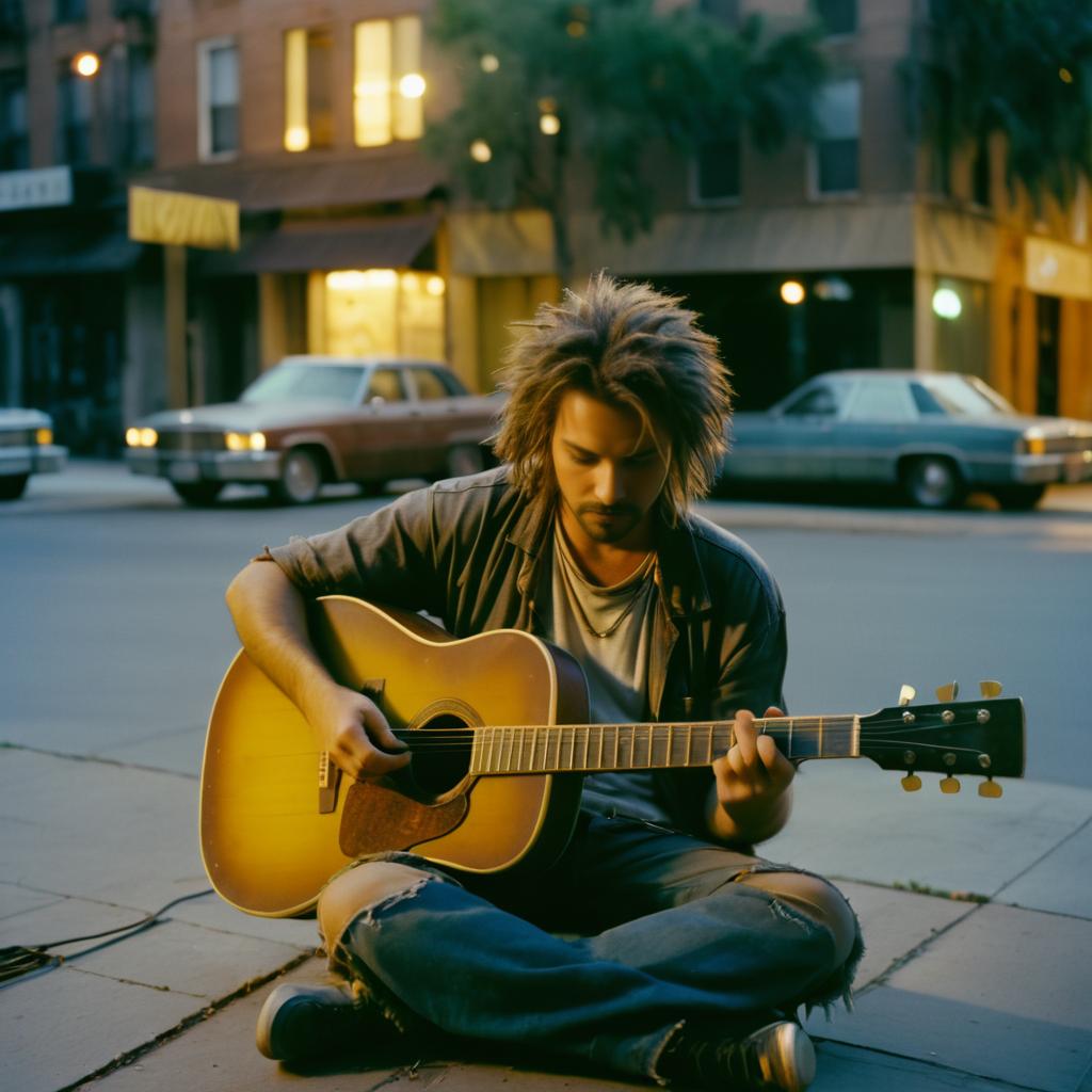 Young Man Playing Guitar on City Sidewalk