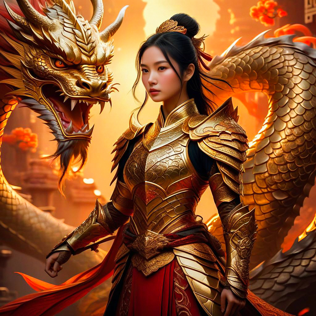 Fierce Woman Warrior with Golden Dragon Fierce Woman Warrior with Golden Dragon