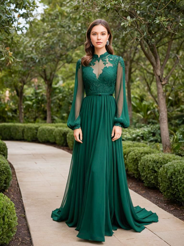 Elegant Green Gown in Lush Garden