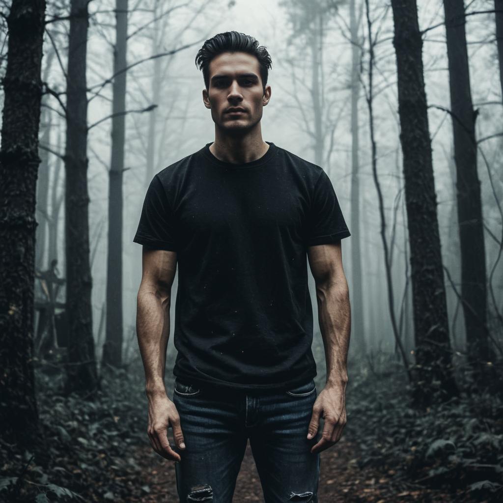 Confident Young Man in Misty Forest