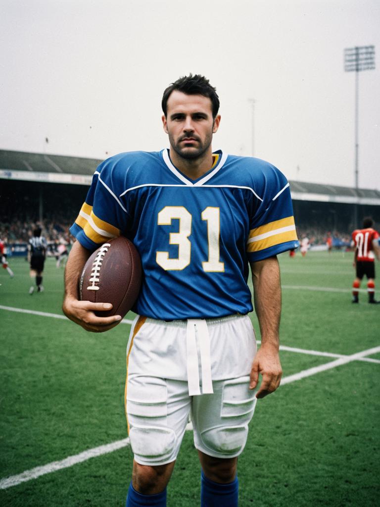 Man in Blue and Yellow Football Jersey Holding Ball on Stadium Field