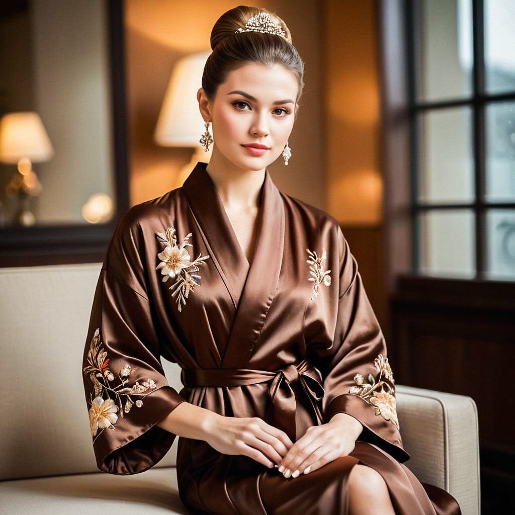 Elegant Woman in Silk Robe with Floral Embroidery Elegant Woman in Silk Robe with Floral Embroidery