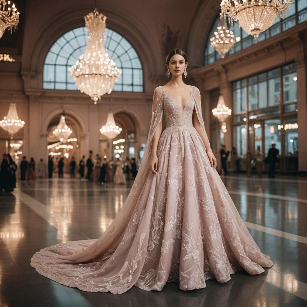 Elegant Woman in Luxurious Gown in Grand Hall