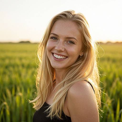Smiling Blonde Woman in Green Field at Sunset