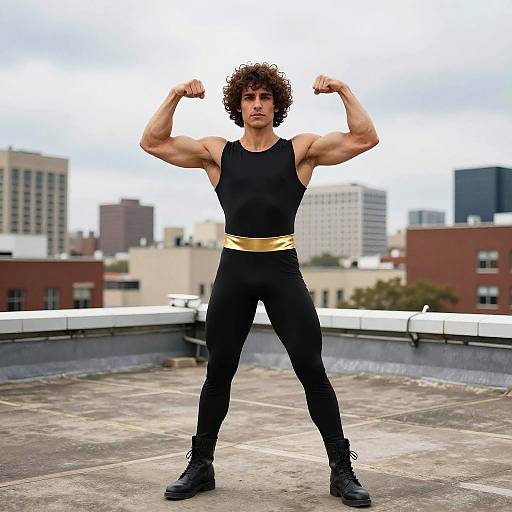 Confident Young Man Flexing Muscles in Black Bodysuit on Rooftop