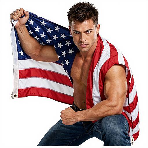 Strong Muscular Man Posing with American Flag in Patriotic Display