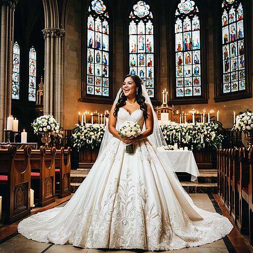 Elegant Bride in Lace Wedding Dress at Church with Stained Glass and Candles