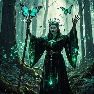 Woman in Dark Green Velvet Robe in Enchanted Forest with Butterflies