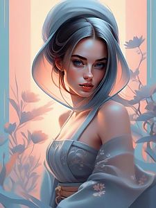 Young Woman with Blue Eyes in Elegant Blue Garment