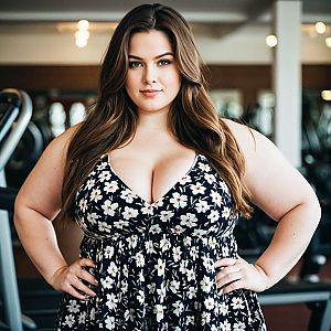 Confident Plus-Size Woman in Floral Dress at Gym