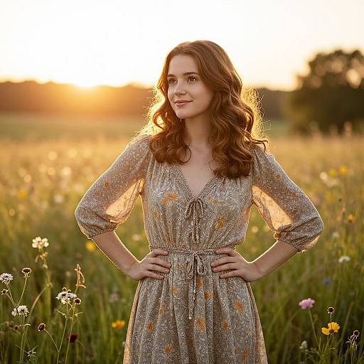 Young Woman in Floral Dress Standing in Wildflower Field at Sunset