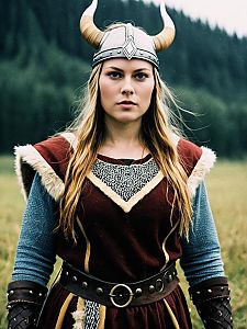 Woman in Viking Costume with Horned Helmet Outdoors