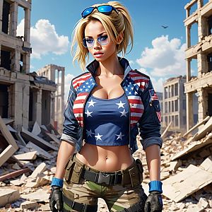 Confident Woman in Post-Apocalyptic Urban Setting