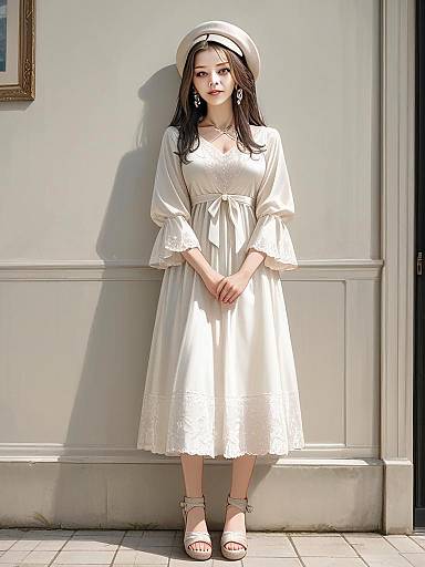 Elegant Woman in Beige Dress Full Body Shot Contemporary Style