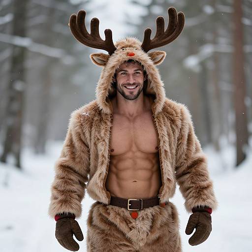 Man in Reindeer Costume with Antlers and Faux Fur in Snowy Forest