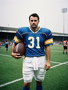 Man in Blue and Yellow Football Jersey Holding Ball on Stadium Field