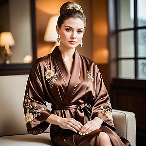 Elegant Woman in Silk Robe with Floral Embroidery