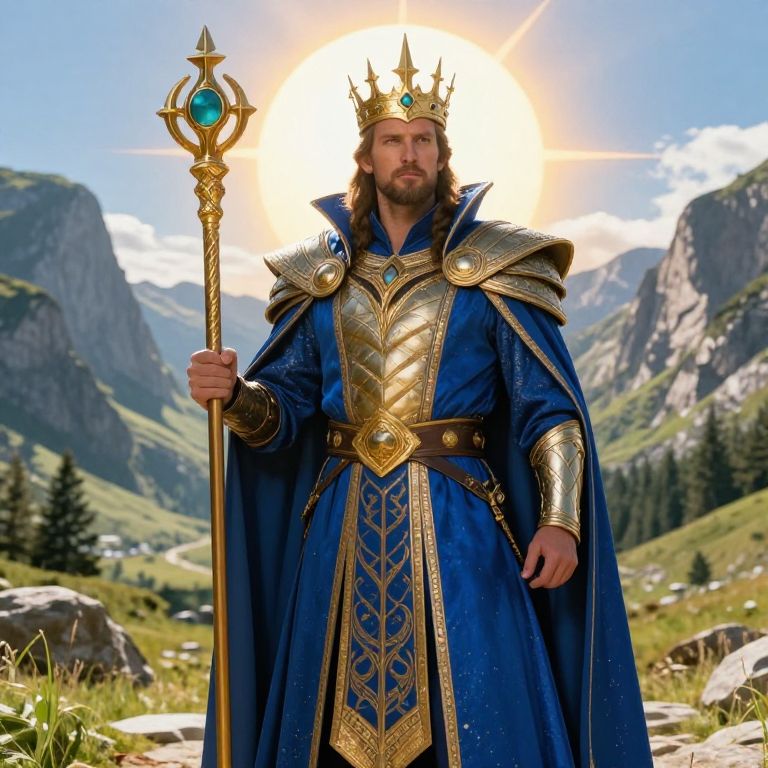 Medieval King in Blue and Gold Armor Standing in Mountain Landscape