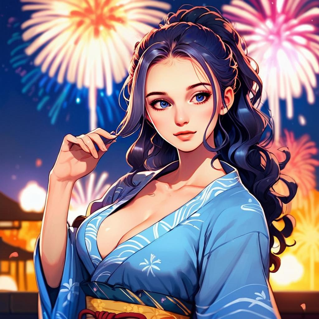 Woman in Blue Kimono with Fireworks